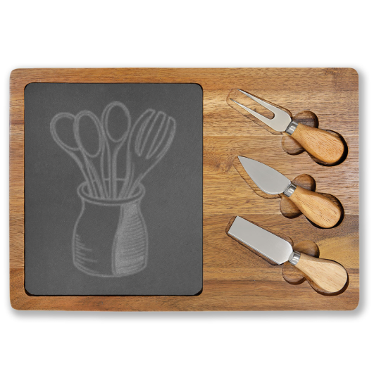 Personalized Engraved Charcuterie Board with Slate Insert & Cheese Knives