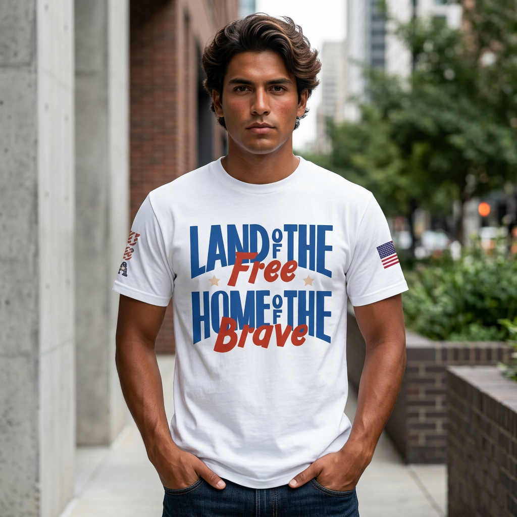 Patriotic T-Shirt — "Land of the Free, Home of the Brave" USA Flag Tee