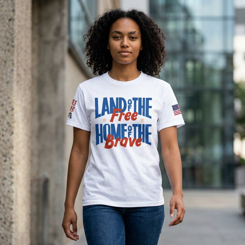 Patriotic T-Shirt — "Land of the Free, Home of the Brave" USA Flag Tee