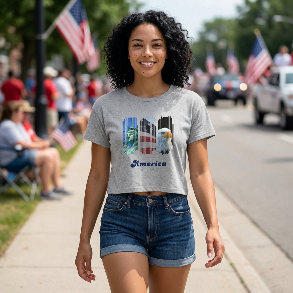 America Graphic Tee — Patriotic Bald Eagle & Flag Women’s Baby Tee