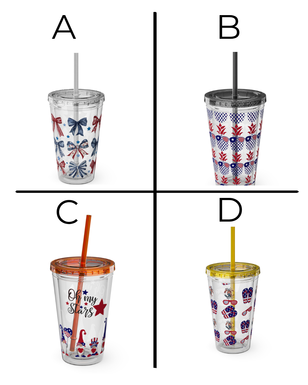 Patriotic Bow 16oz Tumbler with Straw — Red, White & Blue Stars Design