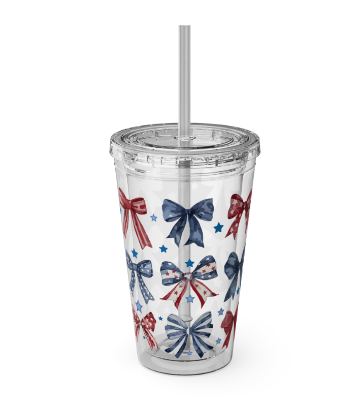 Patriotic Bow 16oz Tumbler with Straw — Red, White & Blue Stars Design
