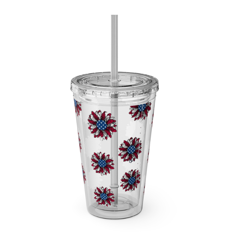 Patriotic Bow 16oz Tumbler with Straw — Red, White & Blue Stars Design