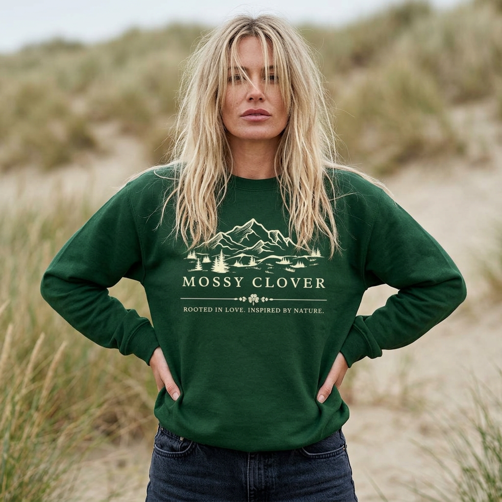 Mossy Clover Mountain Crewneck Sweatshirt — Rustic Nature Graphic Pullover
