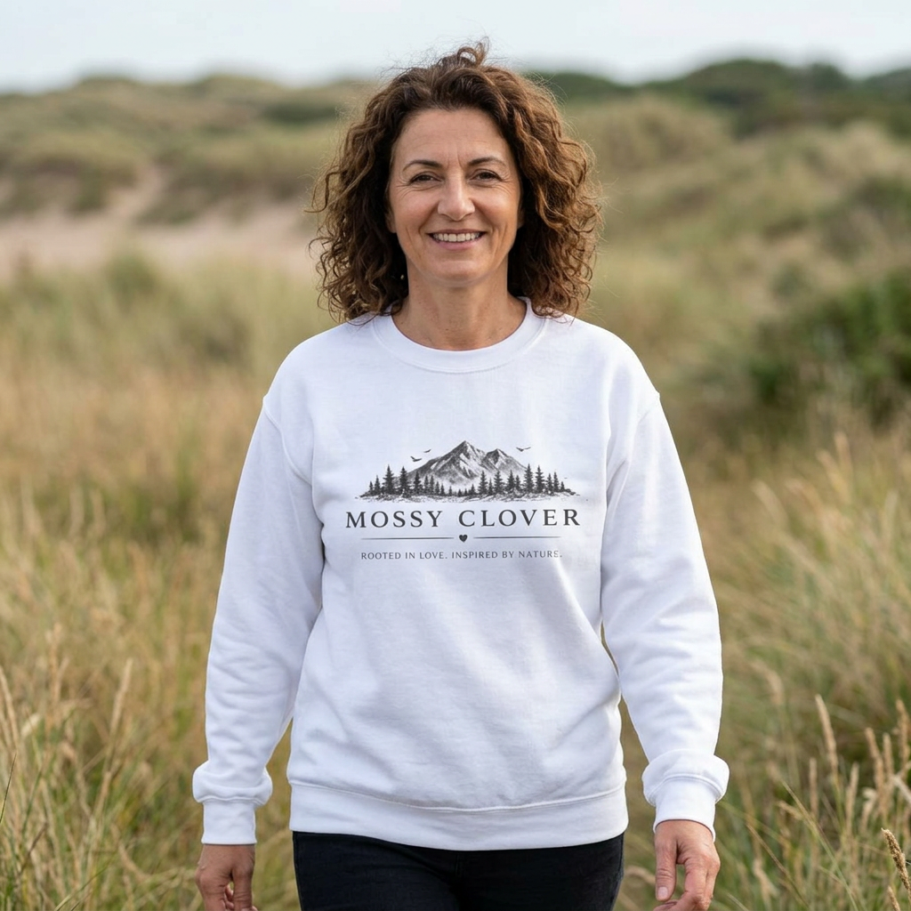 Mossy Clover Mountain Crewneck Sweatshirt — Rustic Nature Graphic Pullover