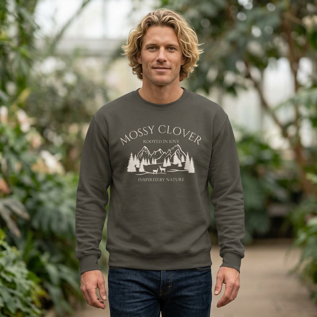 Mossy Clover Mountain Crewneck Sweatshirt — 'Mossy Clover' Nature Graphic