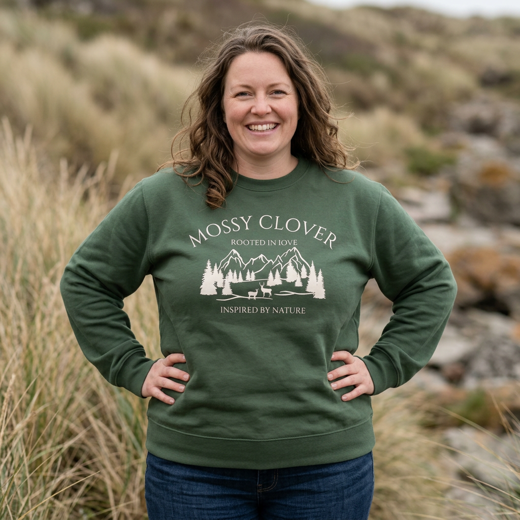 Mossy Clover Mountain Crewneck Sweatshirt — 'Mossy Clover' Nature Graphic