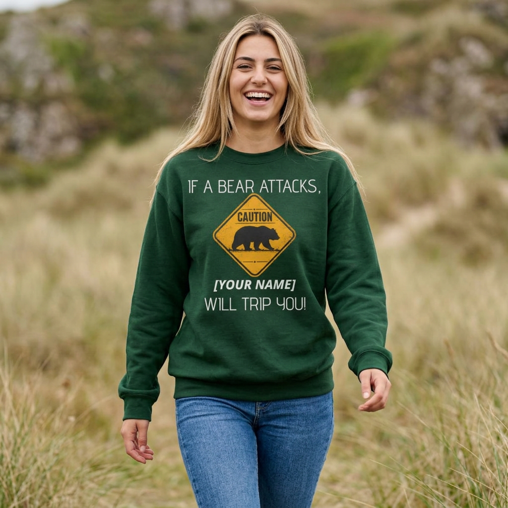Bear Caution Crewneck Sweatshirt — "If a Bear Attacks, [Your Name] Will Trip You"