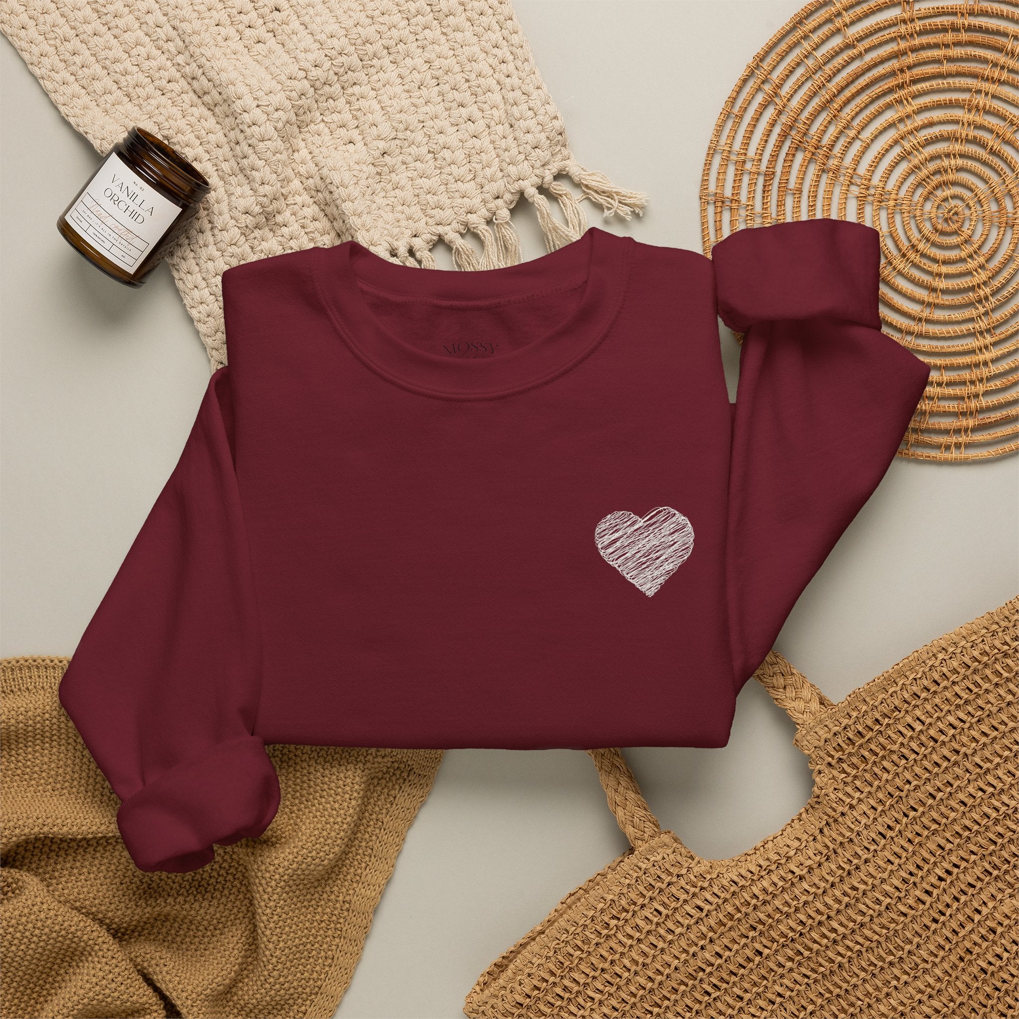 White Crewneck Sweatshirt with Small Gray Heart Chest Design