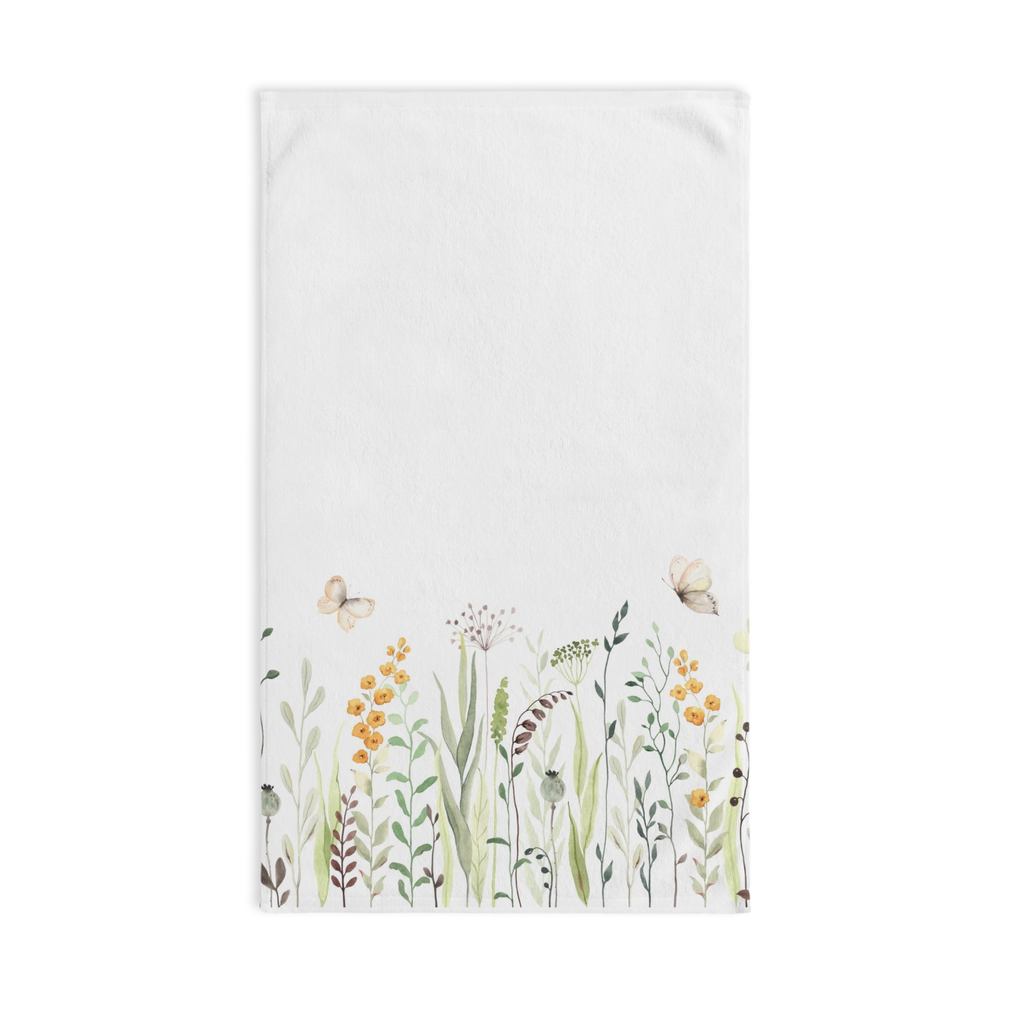 Spring Floral Hand Towel — Watercolor Wildflower & Butterfly Kitchen or Bathroom Towel