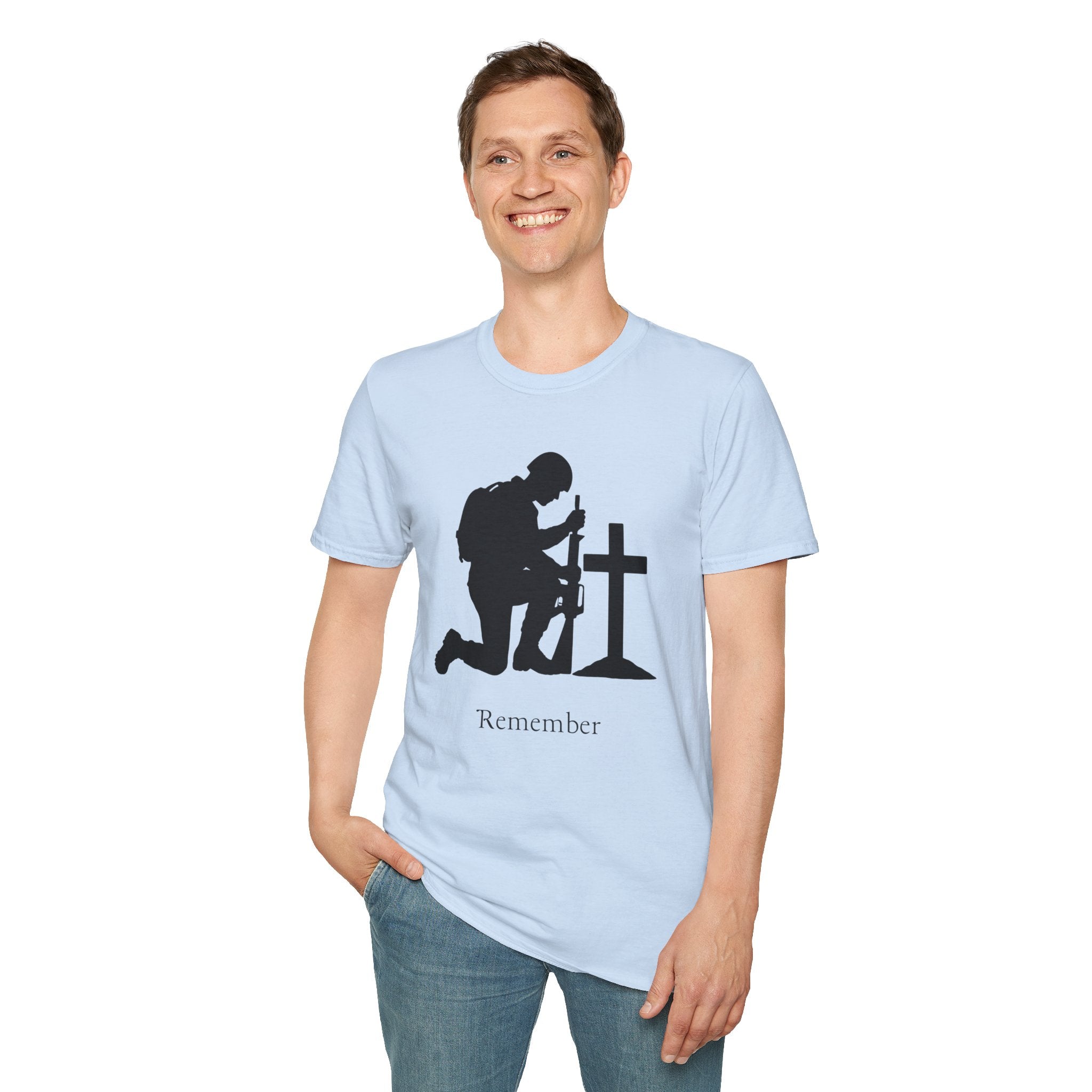 Remember Soldier Kneeling Cross T-Shirt — Military Memorial Tee
