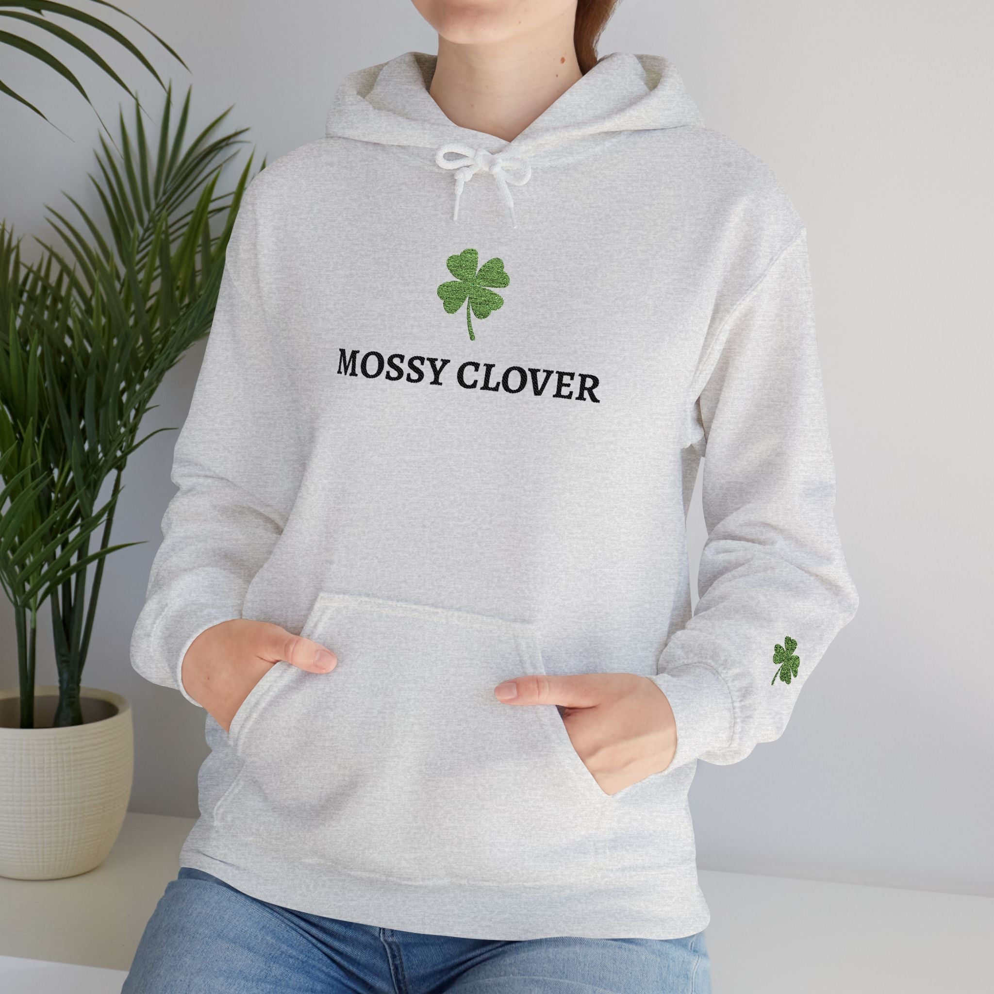 Mossy Clover Hoodie — Embroidered Green Four-Leaf Clover Graphic Pullover