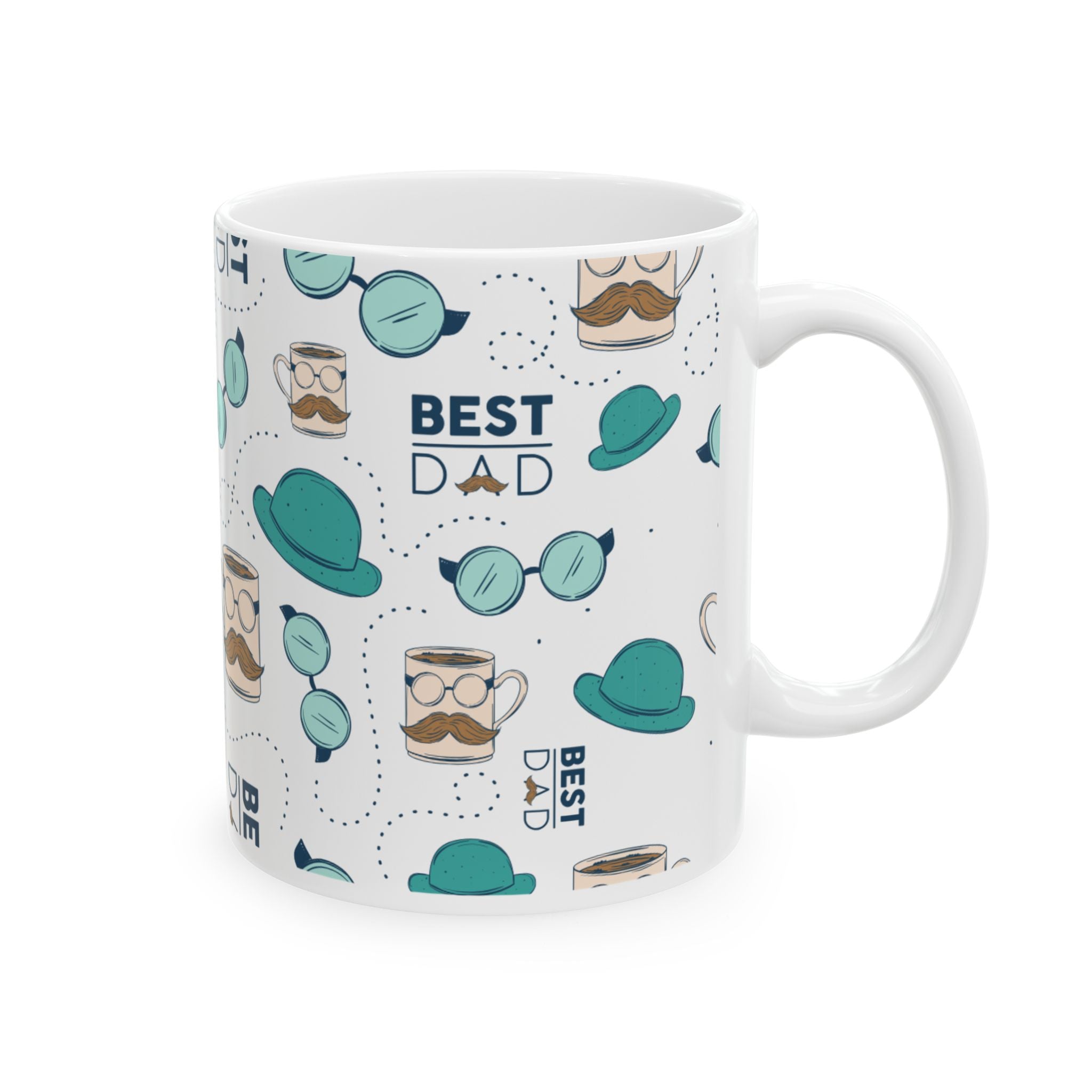 Best Dad Pattern Ceramic Mug — 11oz & 15oz Father’s Day Mustache & Glasses Design