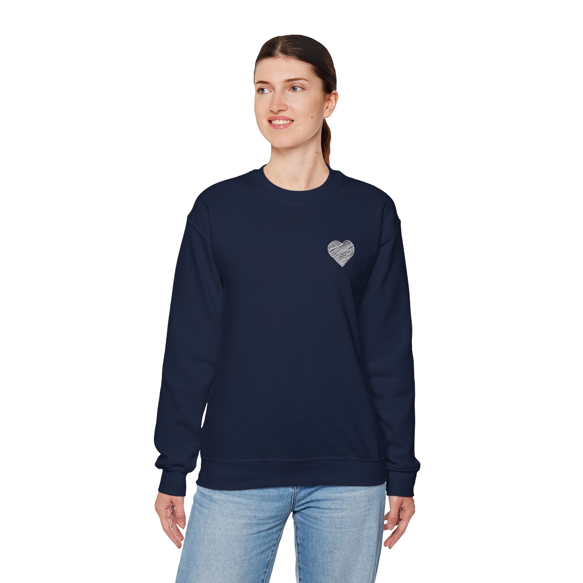 White Crewneck Sweatshirt with Small Gray Heart Chest Design