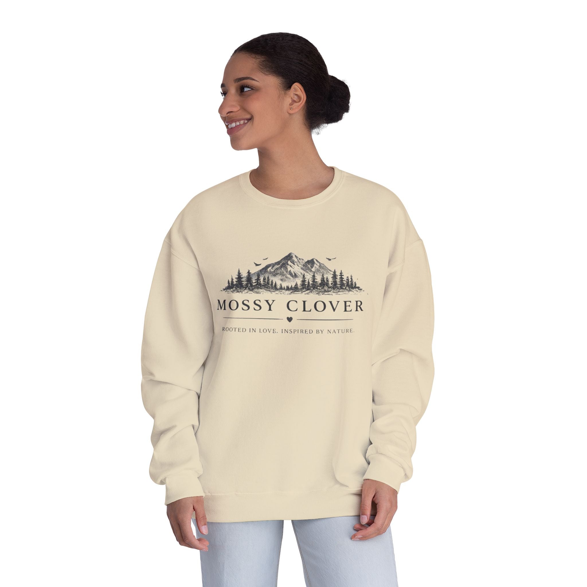 Mossy Clover Mountain Crewneck Sweatshirt — Rustic Nature Graphic Pullover