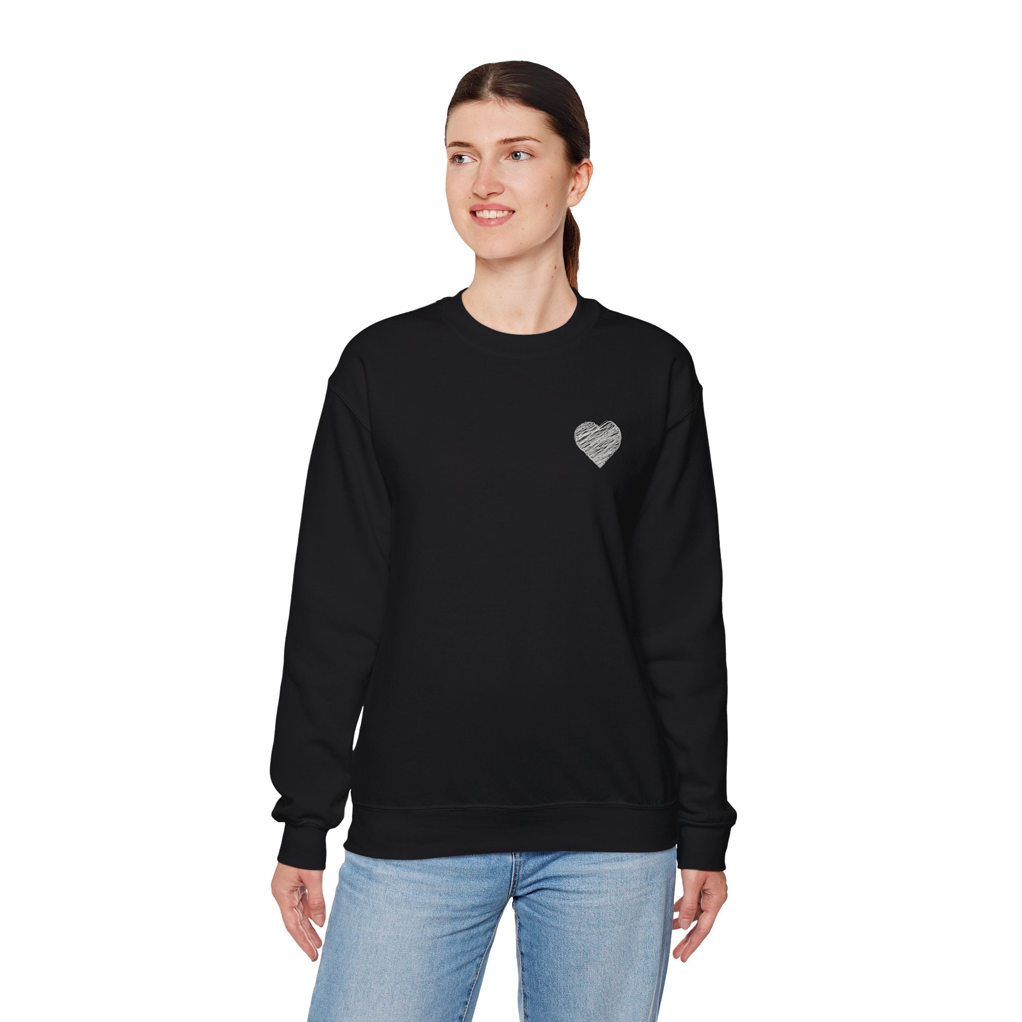White Crewneck Sweatshirt with Small Gray Heart Chest Design