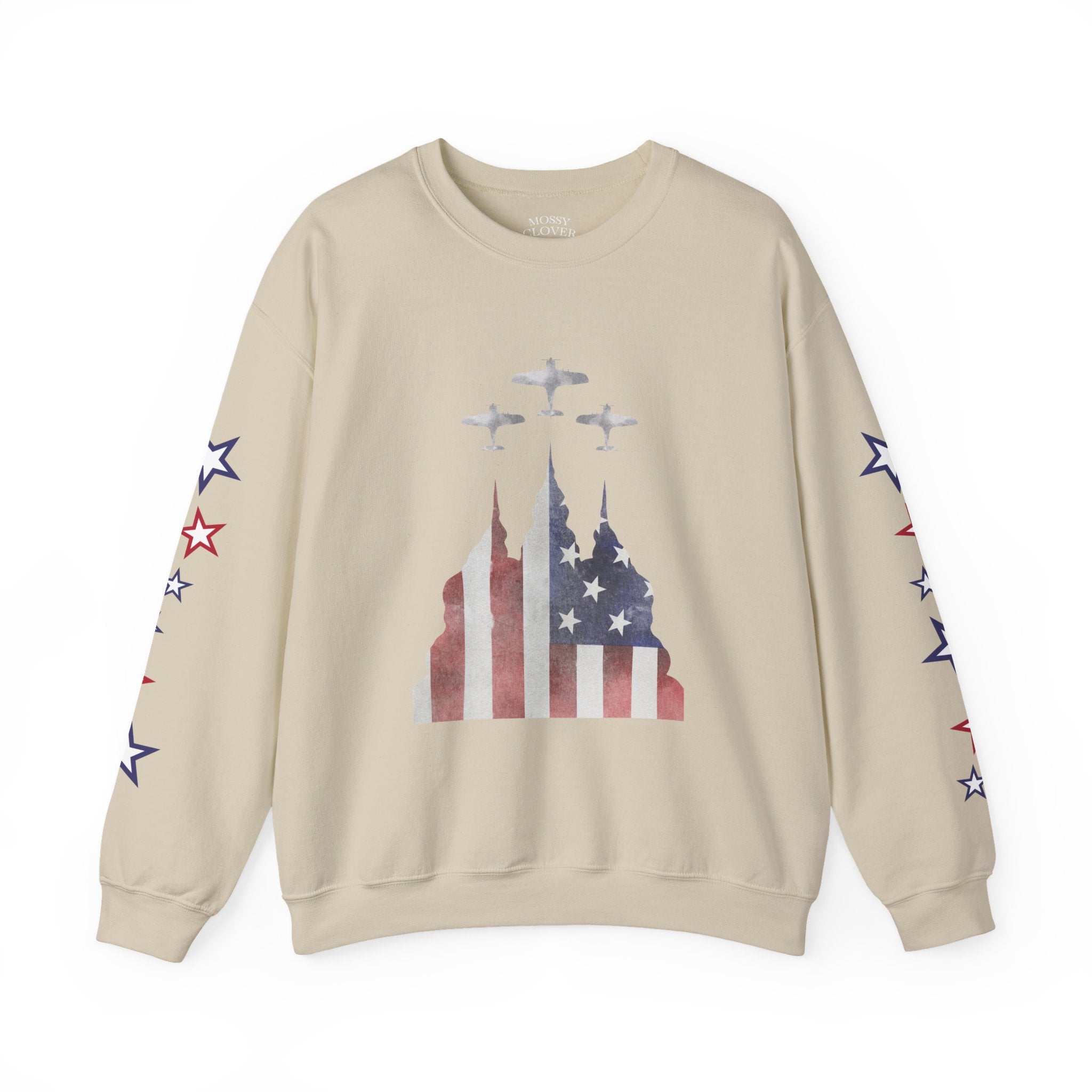 American Flag Castle Crewneck Sweatshirt — Patriotic Stars Sleeve Pullover