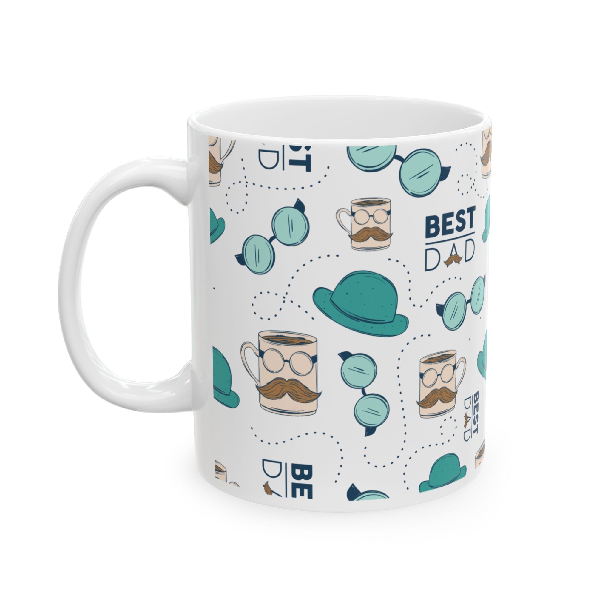 Best Dad Pattern Ceramic Mug — 11oz & 15oz Father’s Day Mustache & Glasses Design