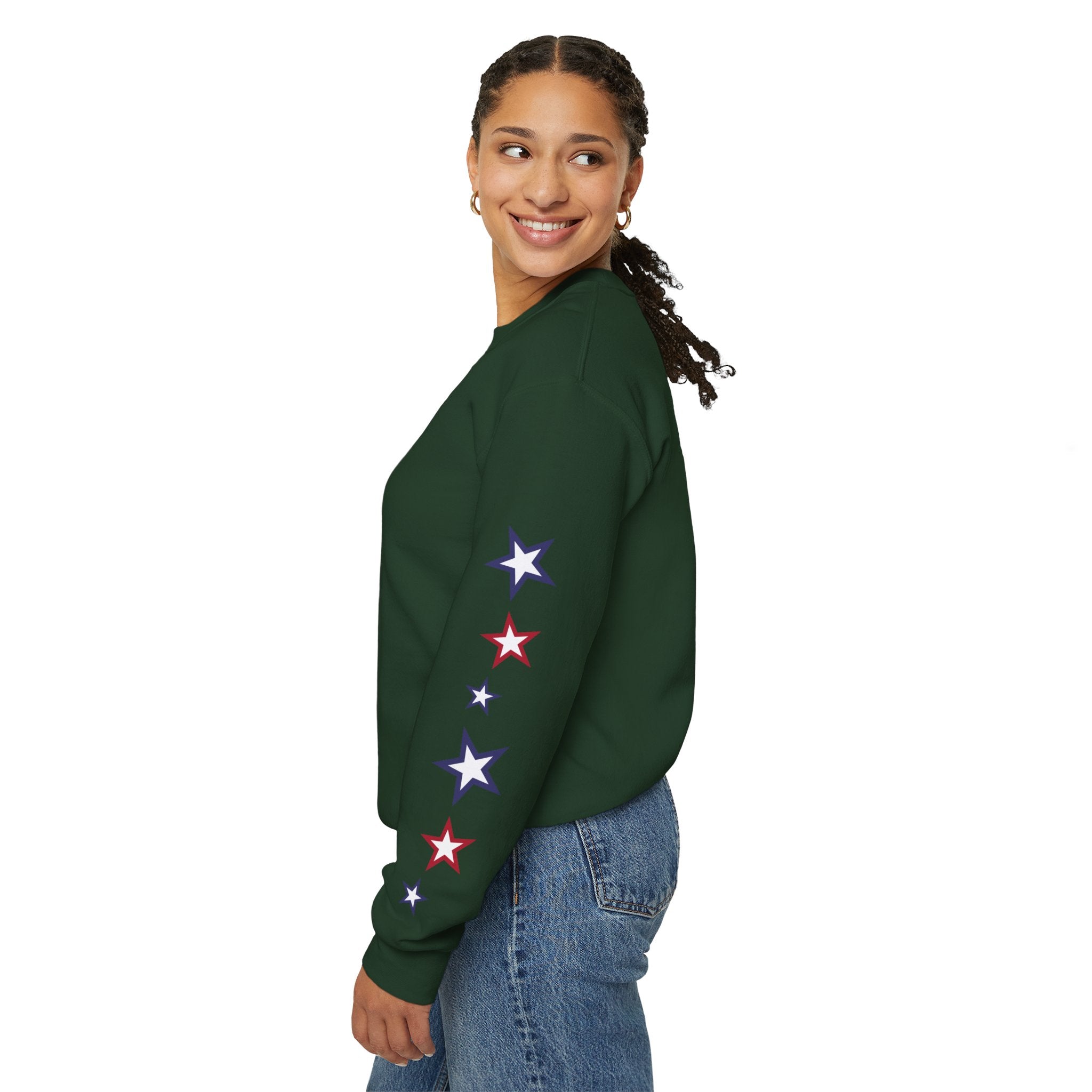 American Flag Castle Crewneck Sweatshirt — Patriotic Stars Sleeve Pullover