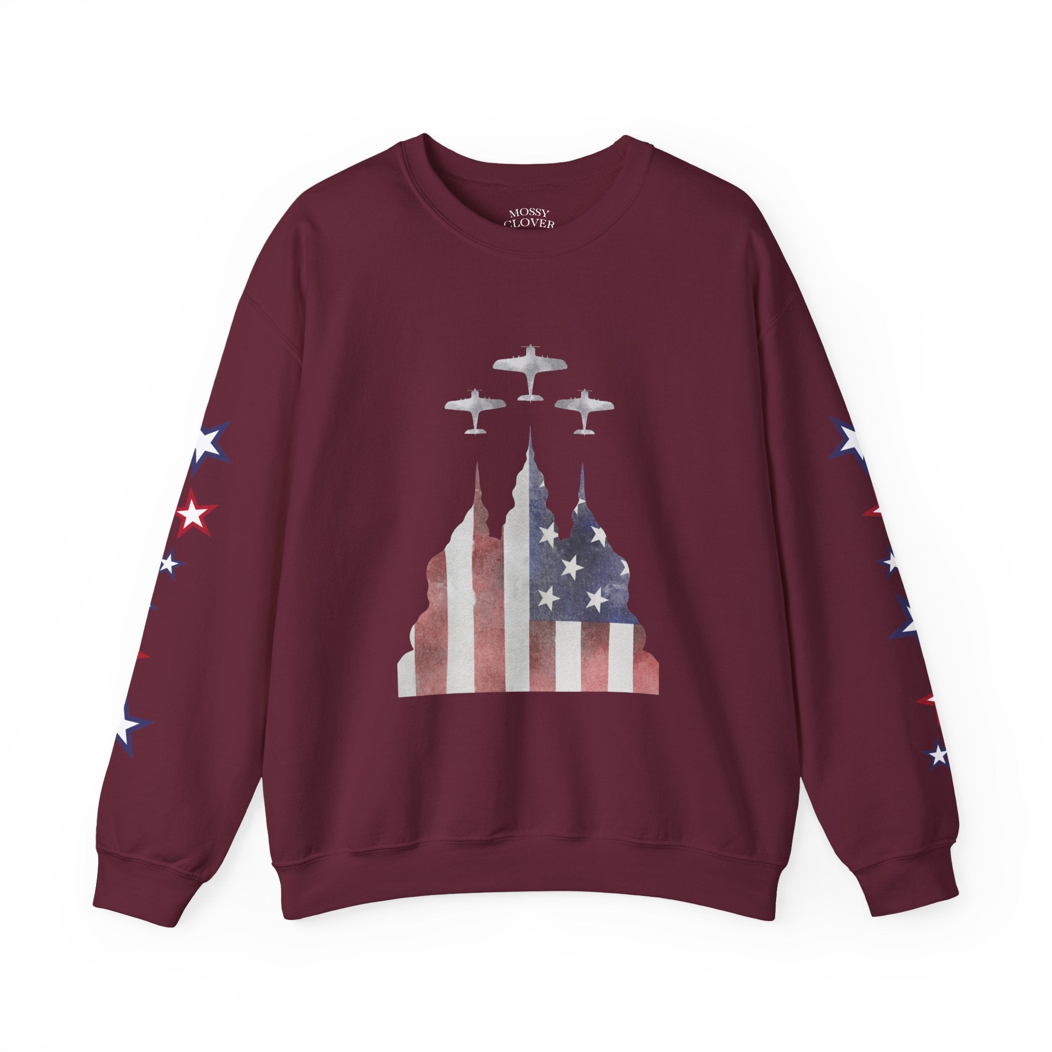 American Flag Castle Crewneck Sweatshirt — Patriotic Stars Sleeve Pullover