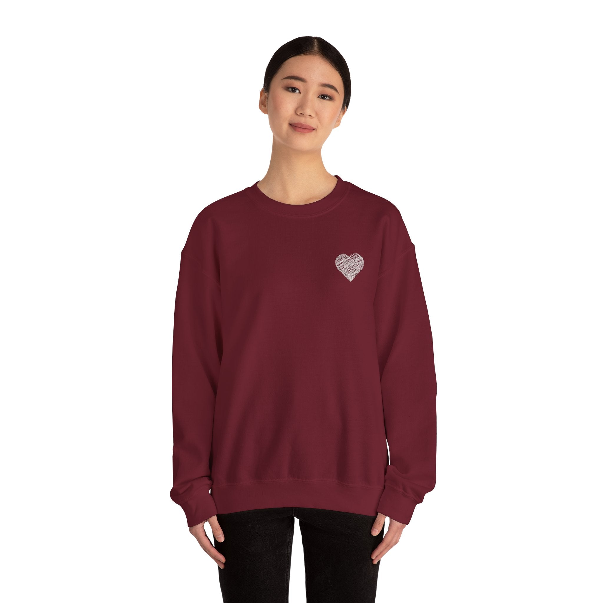 White Crewneck Sweatshirt with Small Gray Heart Chest Design