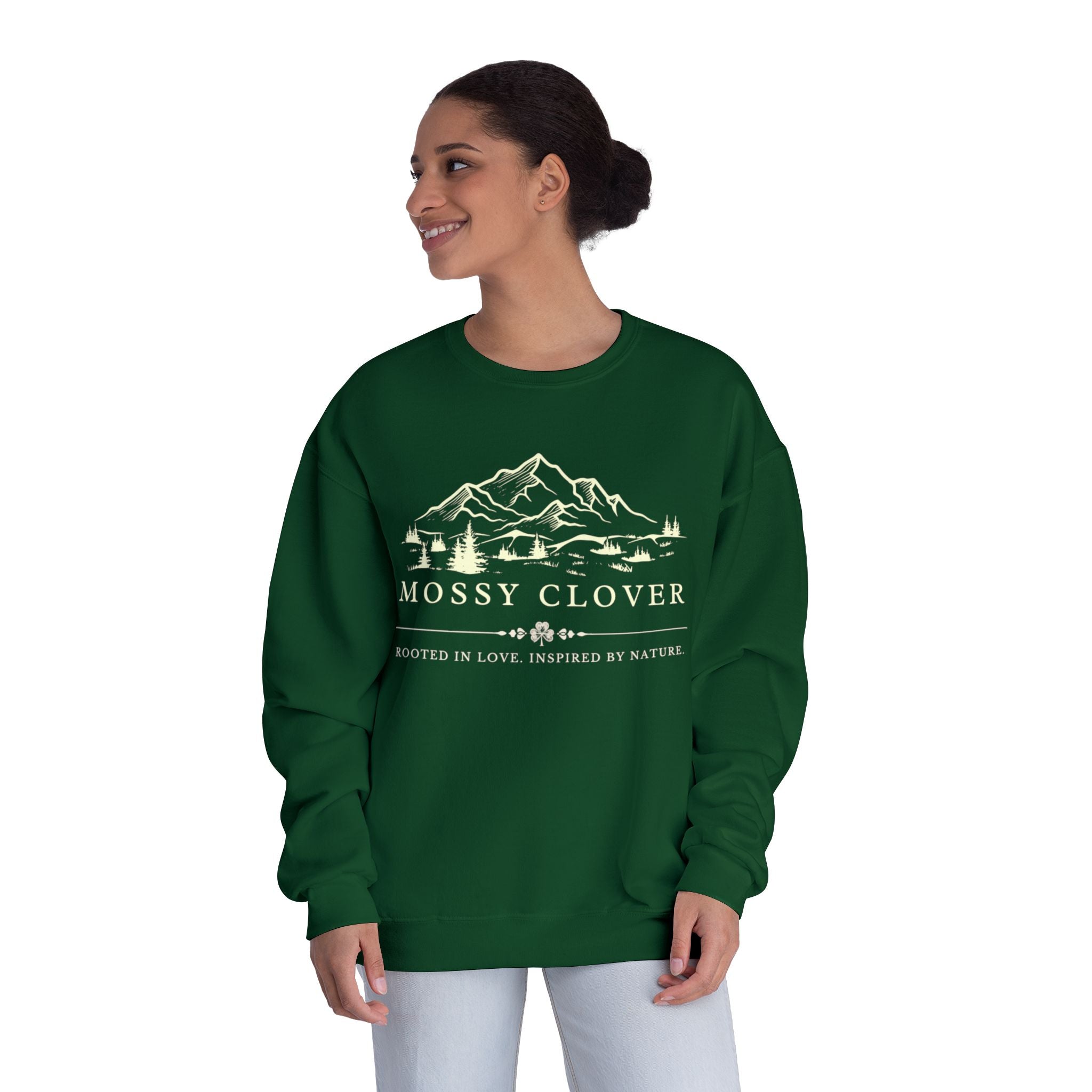 Mossy Clover Mountain Crewneck Sweatshirt — Rustic Nature Graphic Pullover