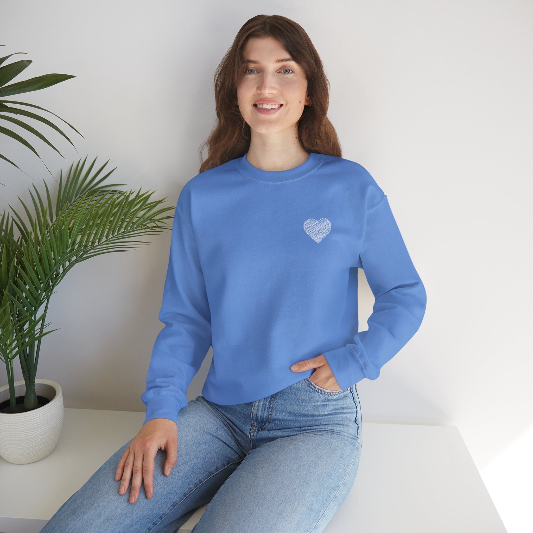 White Crewneck Sweatshirt with Small Gray Heart Chest Design