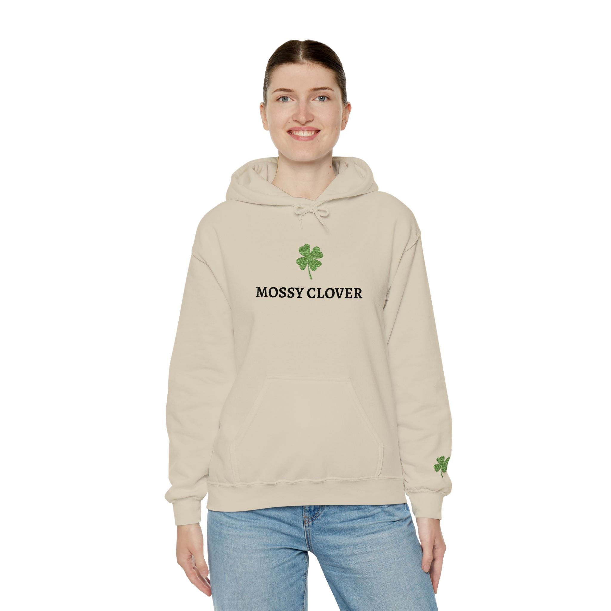 Mossy Clover Hoodie — Embroidered Green Four-Leaf Clover Graphic Pullover