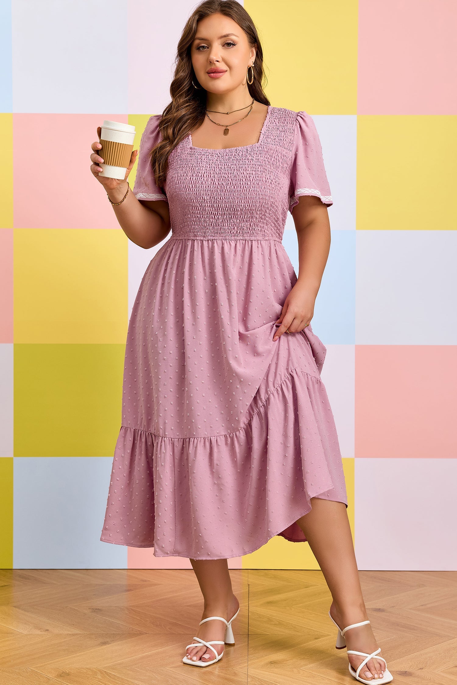 Dot Smoky Rose Flowy ~ Midi Dress