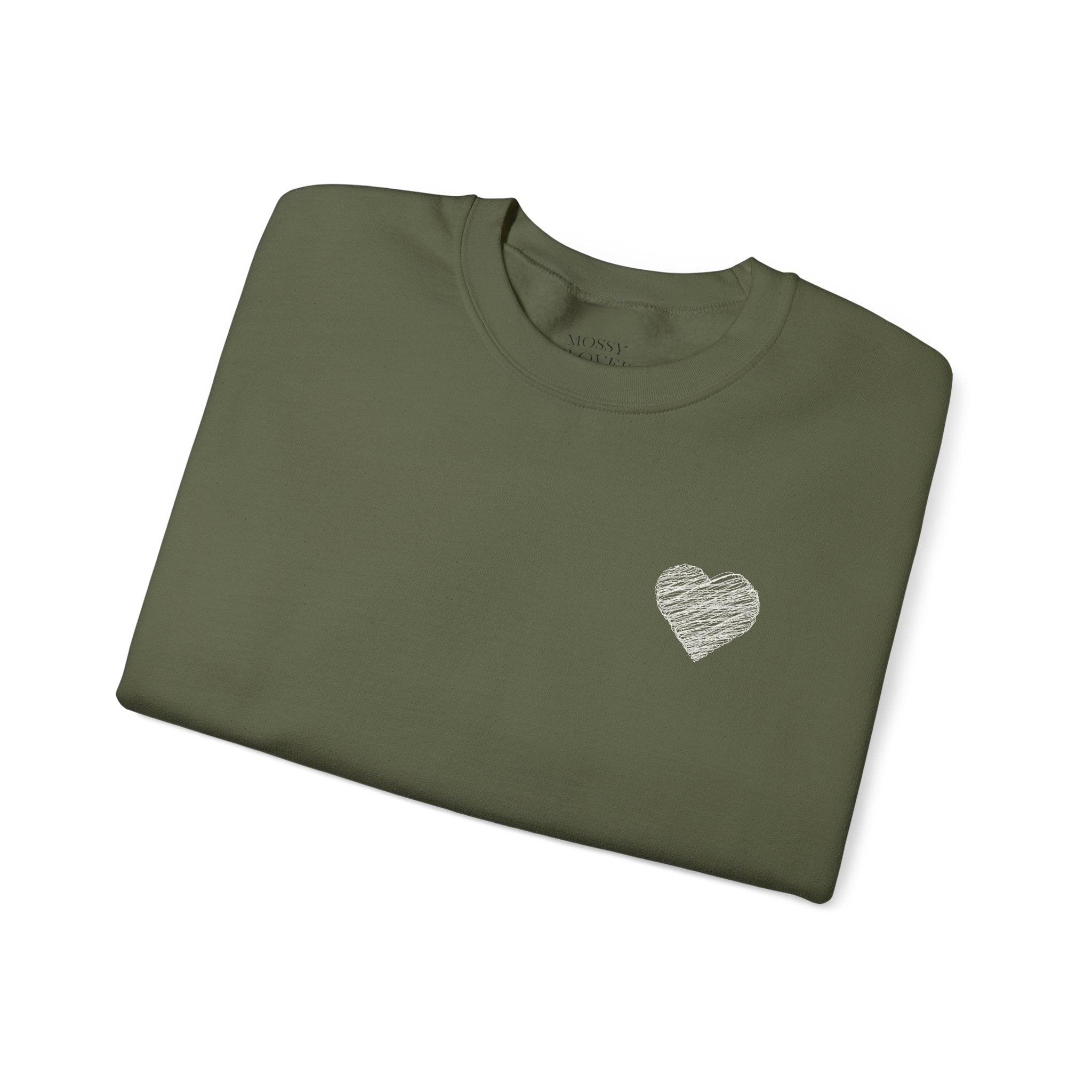 White Crewneck Sweatshirt with Small Gray Heart Chest Design