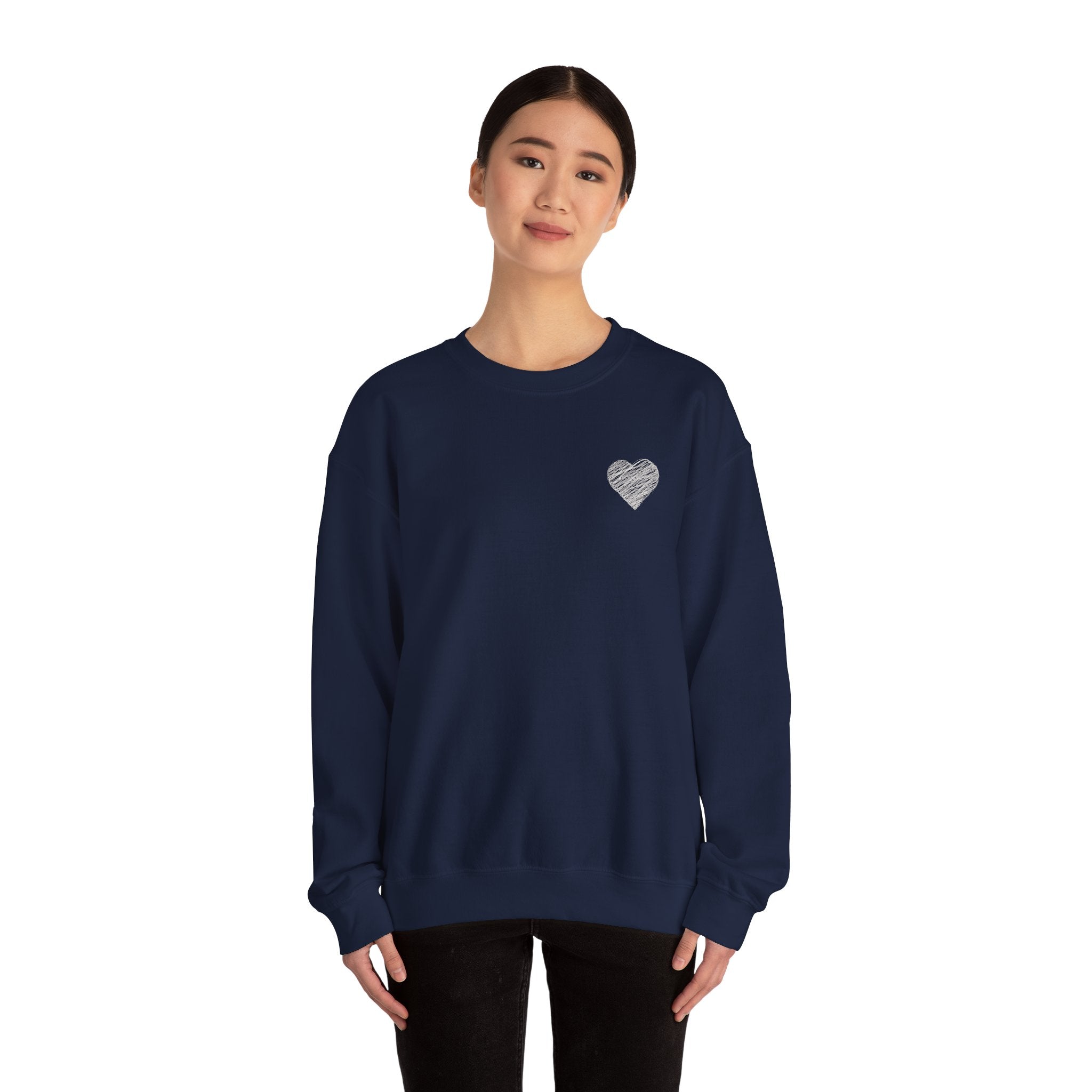 White Crewneck Sweatshirt with Small Gray Heart Chest Design