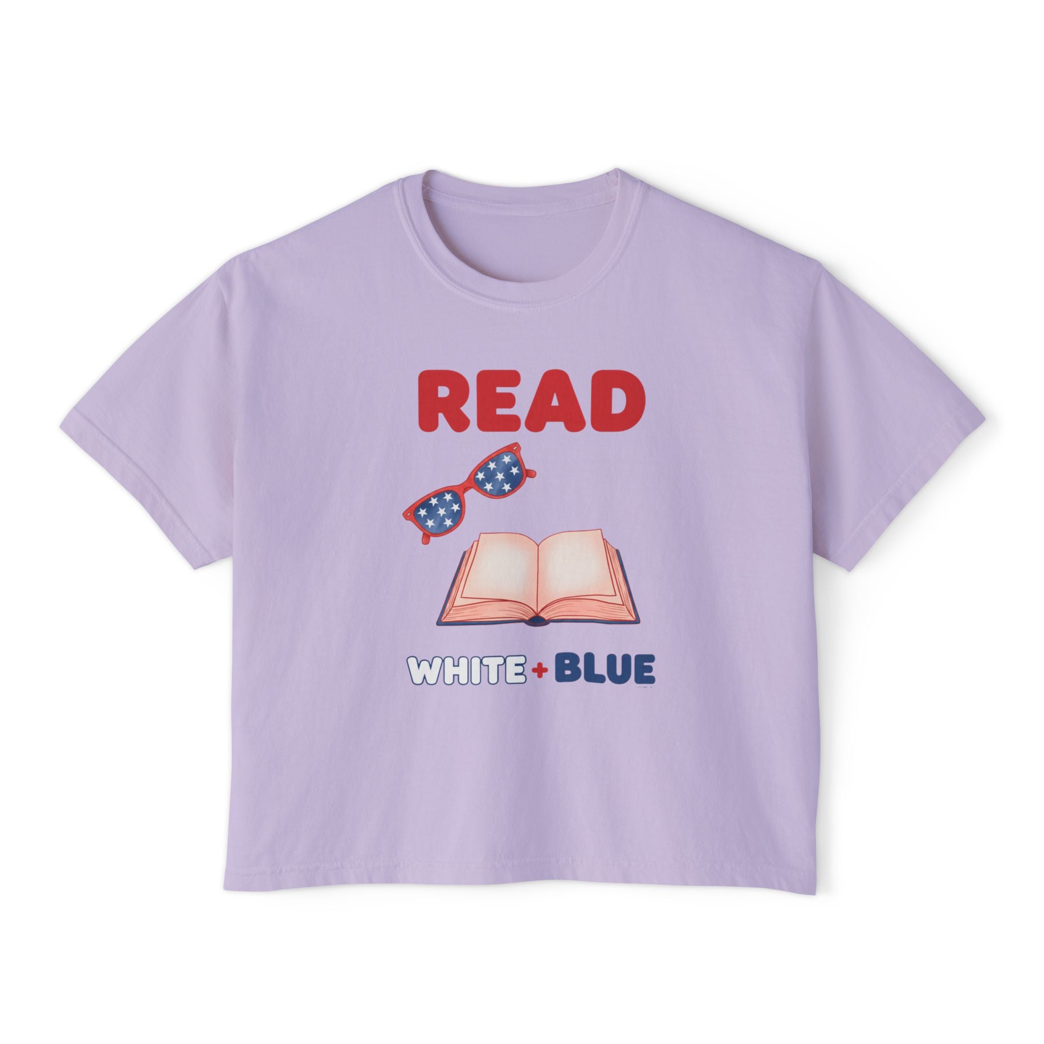 Women's Boxy Tee — "READ White + Blue" Patriotic Book Lover Shirt
