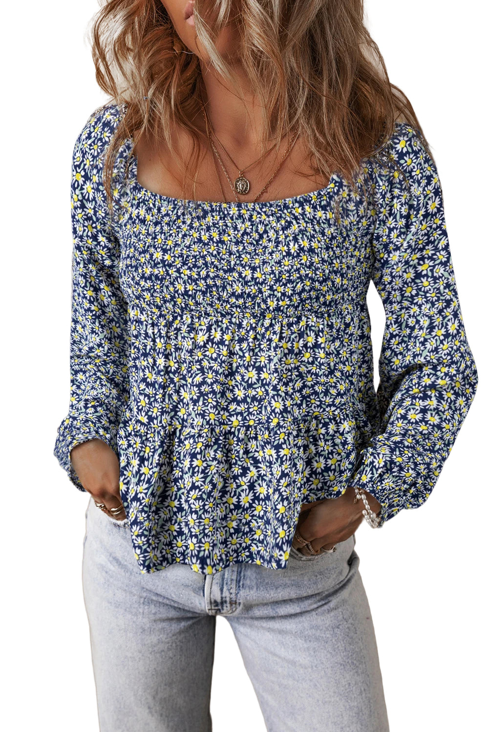The Sky Bloom Smocked Square Neck Loose Fit Blouse