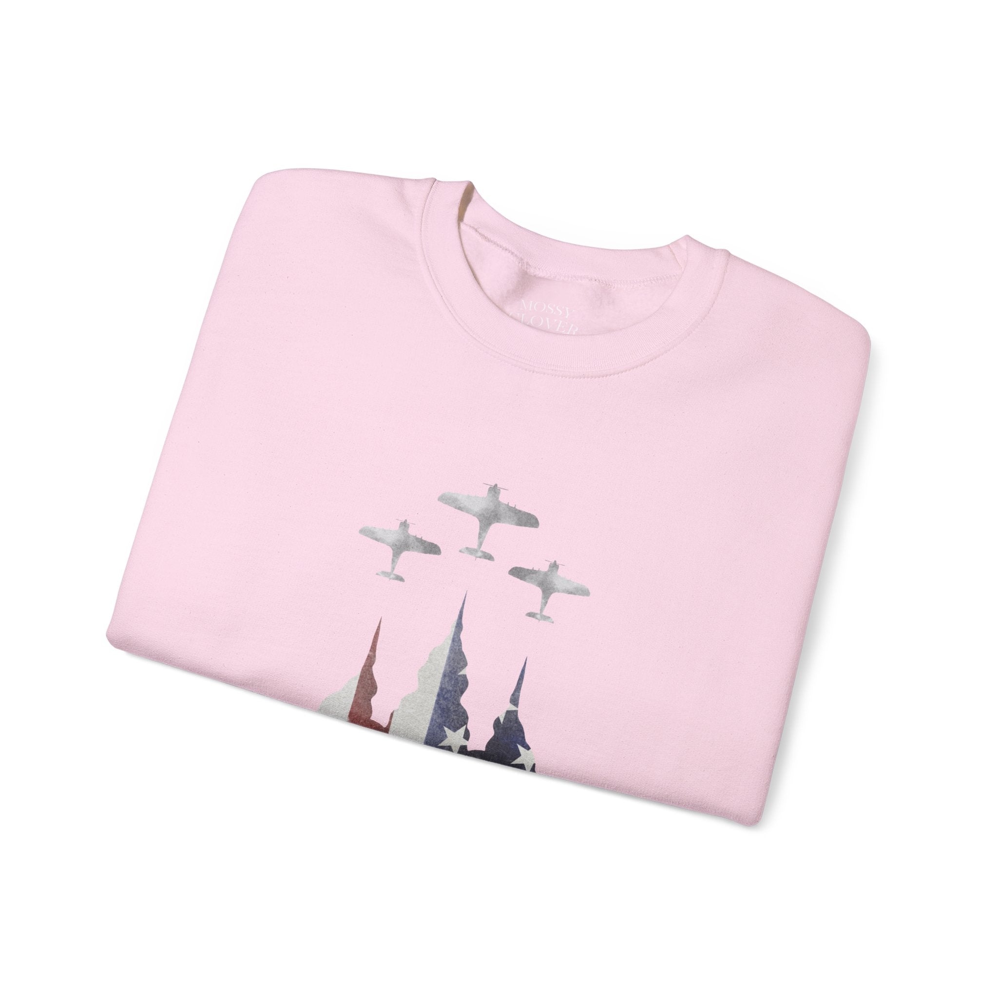 American Flag Castle Crewneck Sweatshirt — Patriotic Stars Sleeve Pullover