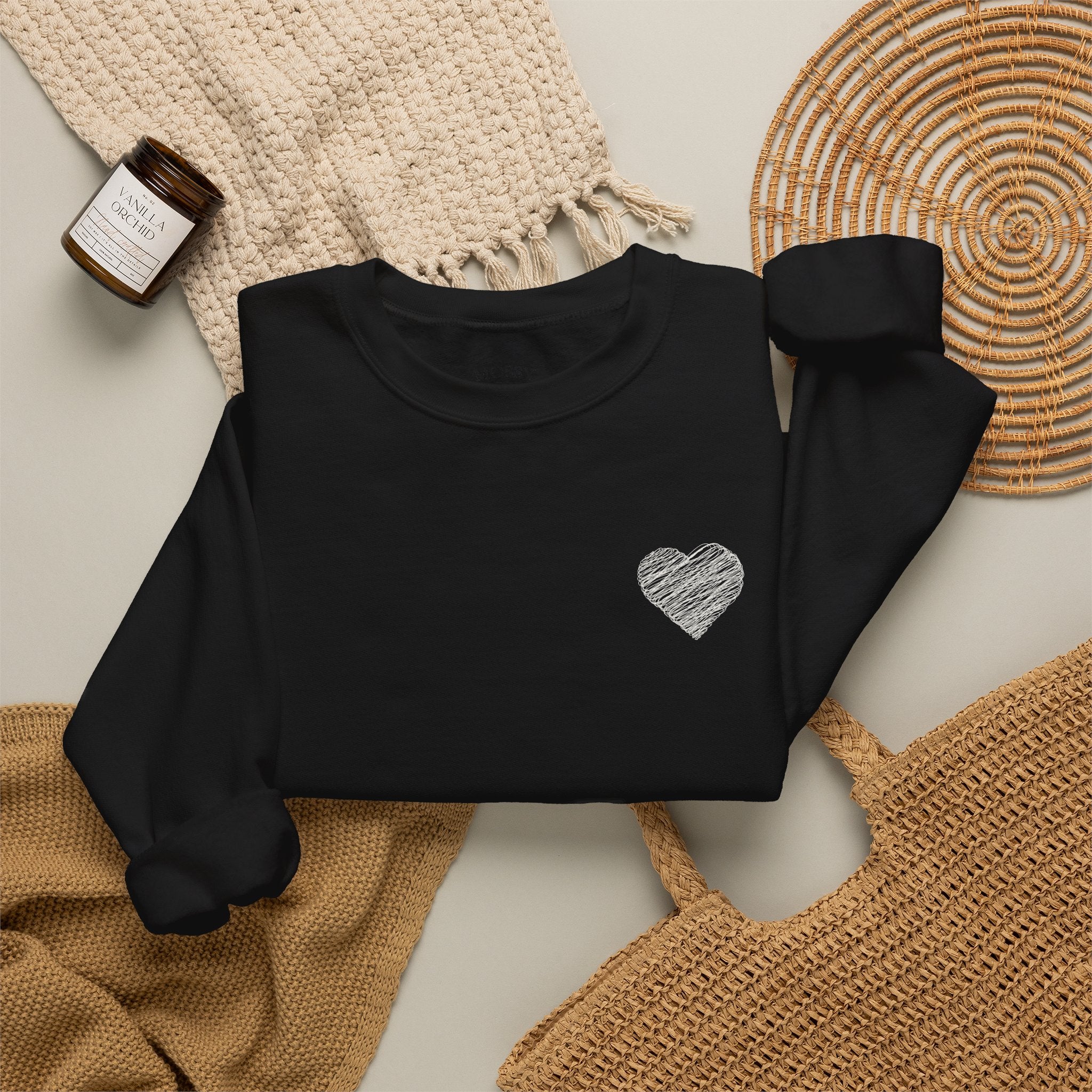 White Crewneck Sweatshirt with Small Gray Heart Chest Design