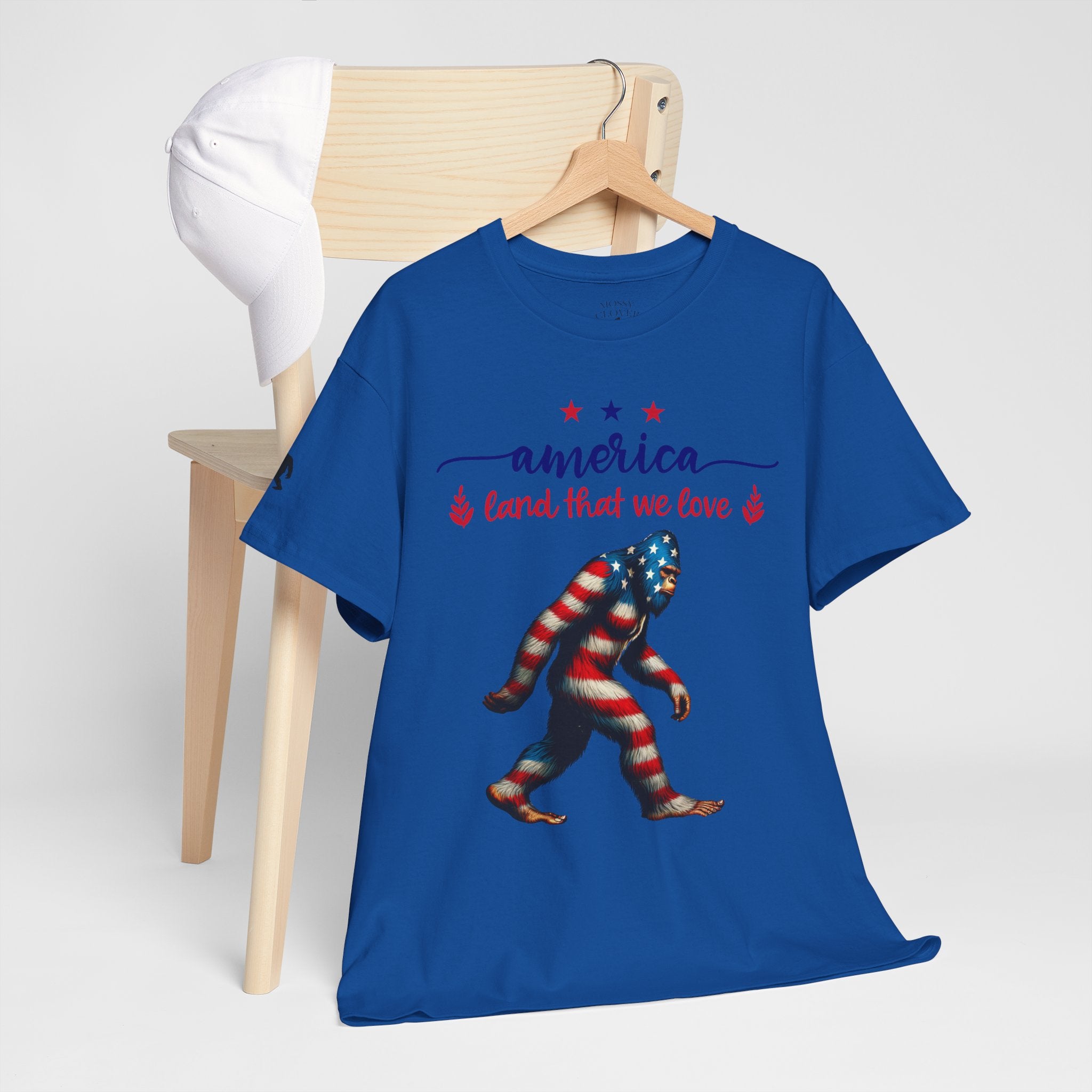 America “Land That We Love” Patriotic T‑Shirt — Flag Sasquatch Graphic Tee