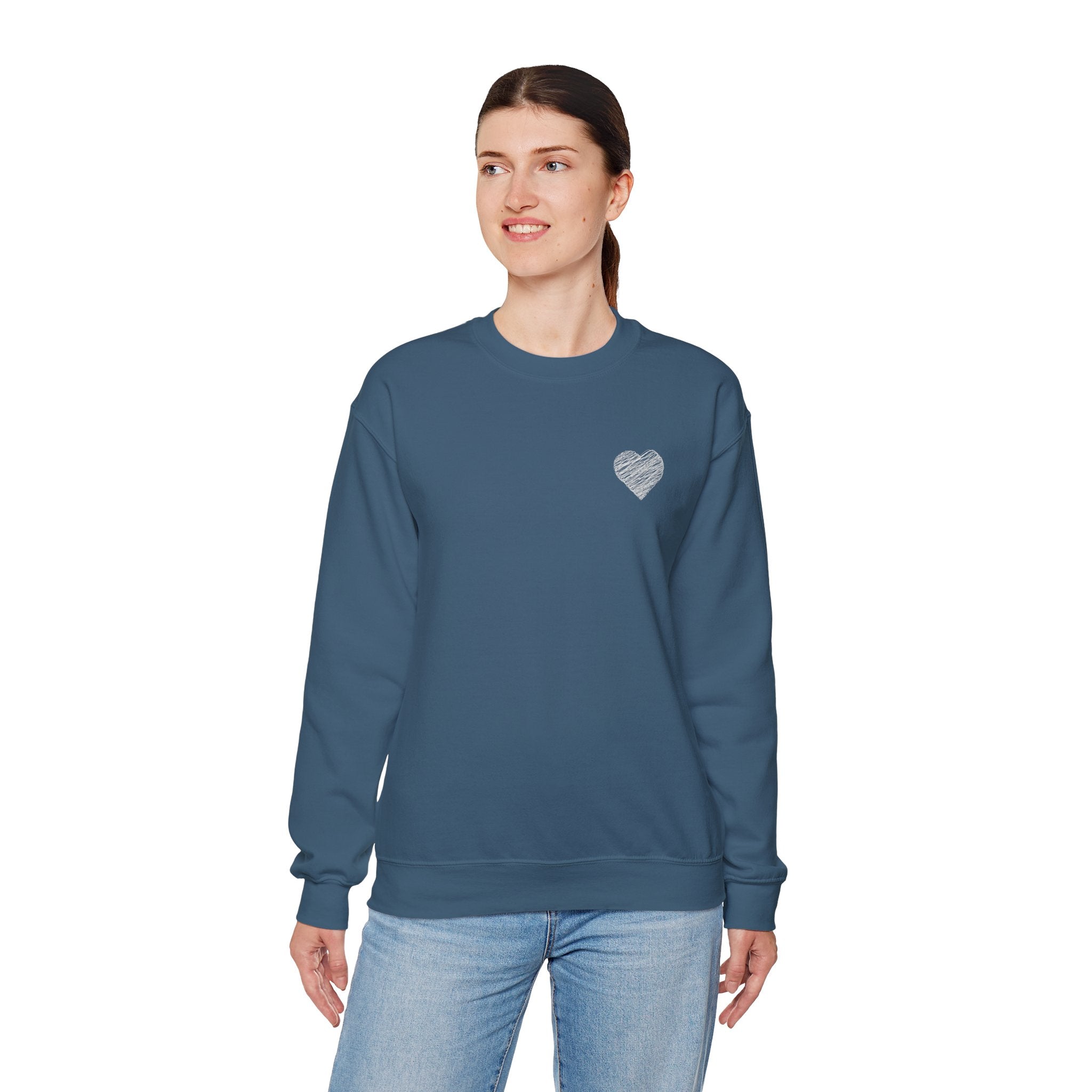 White Crewneck Sweatshirt with Small Gray Heart Chest Design