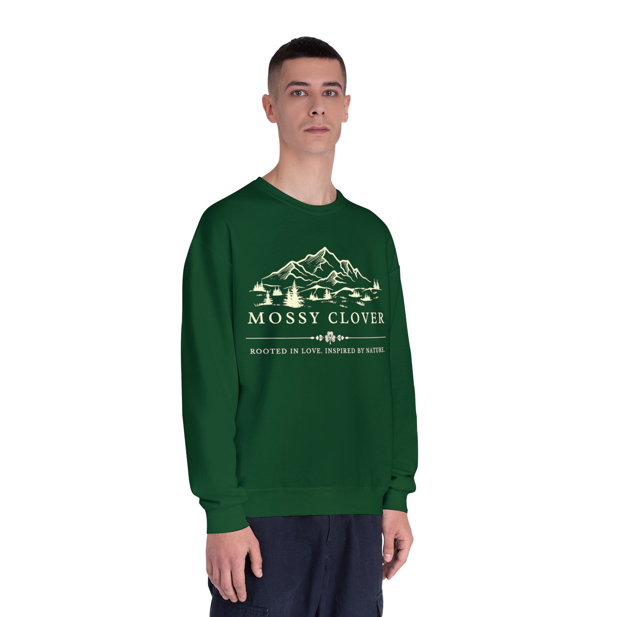 Mossy Clover Mountain Crewneck Sweatshirt — Rustic Nature Graphic Pullover