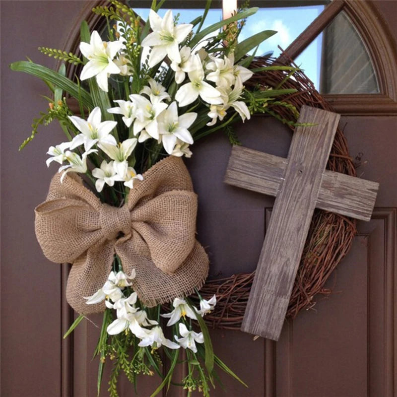 Lily Cross Wreath – Rustic Spring Door Decor