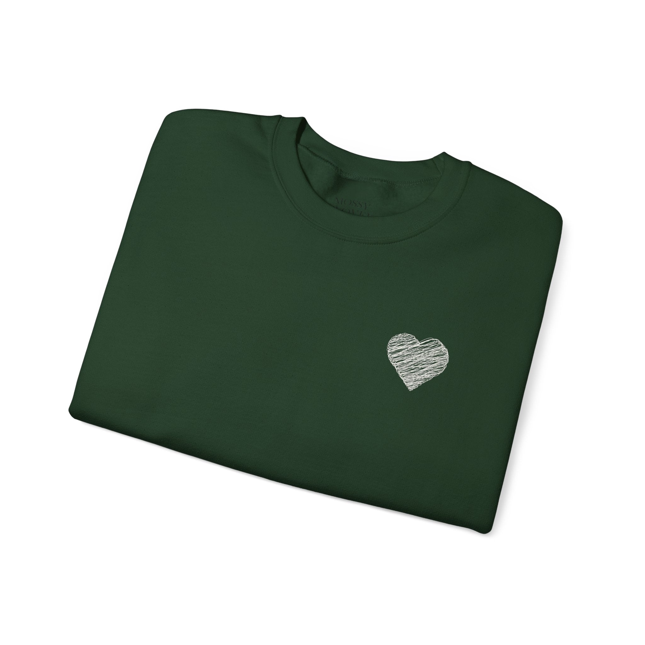 White Crewneck Sweatshirt with Small Gray Heart Chest Design