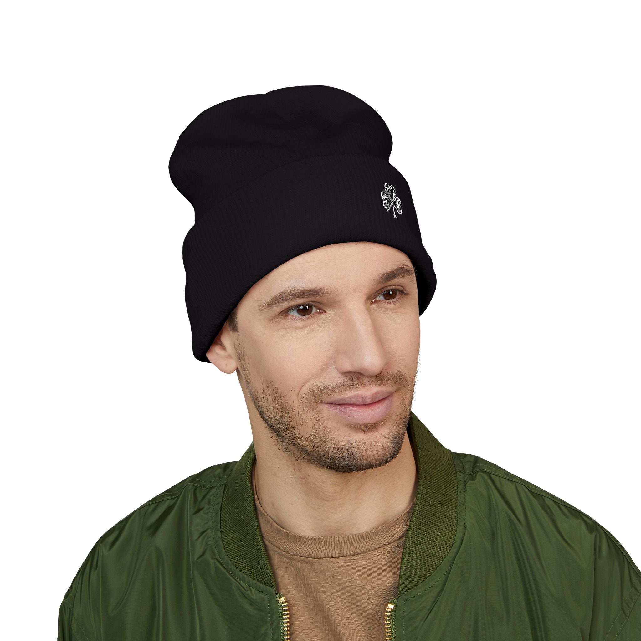 Embroidered Mossy Clover Cuffed Beanie