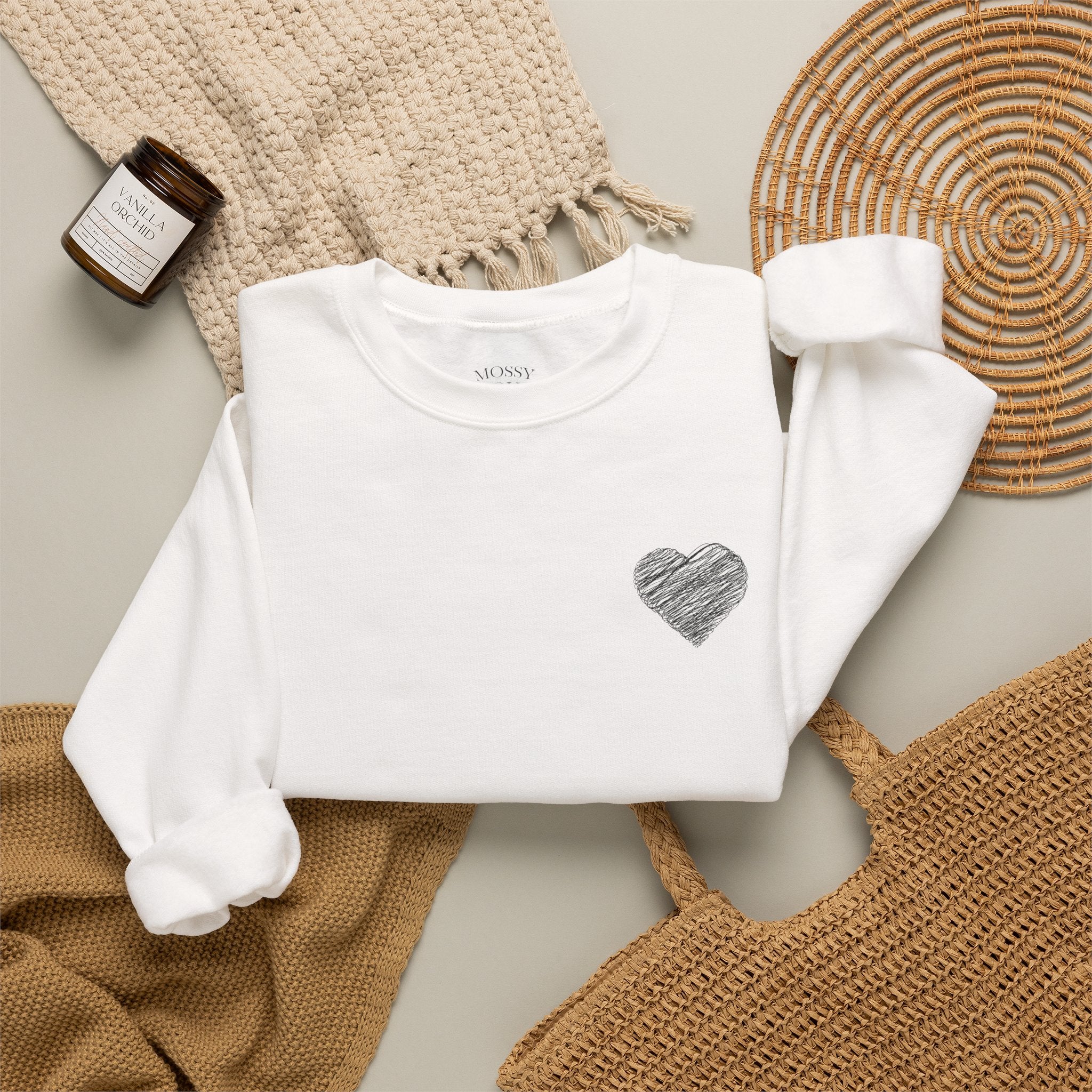 White Crewneck Sweatshirt with Small Gray Heart Chest Design