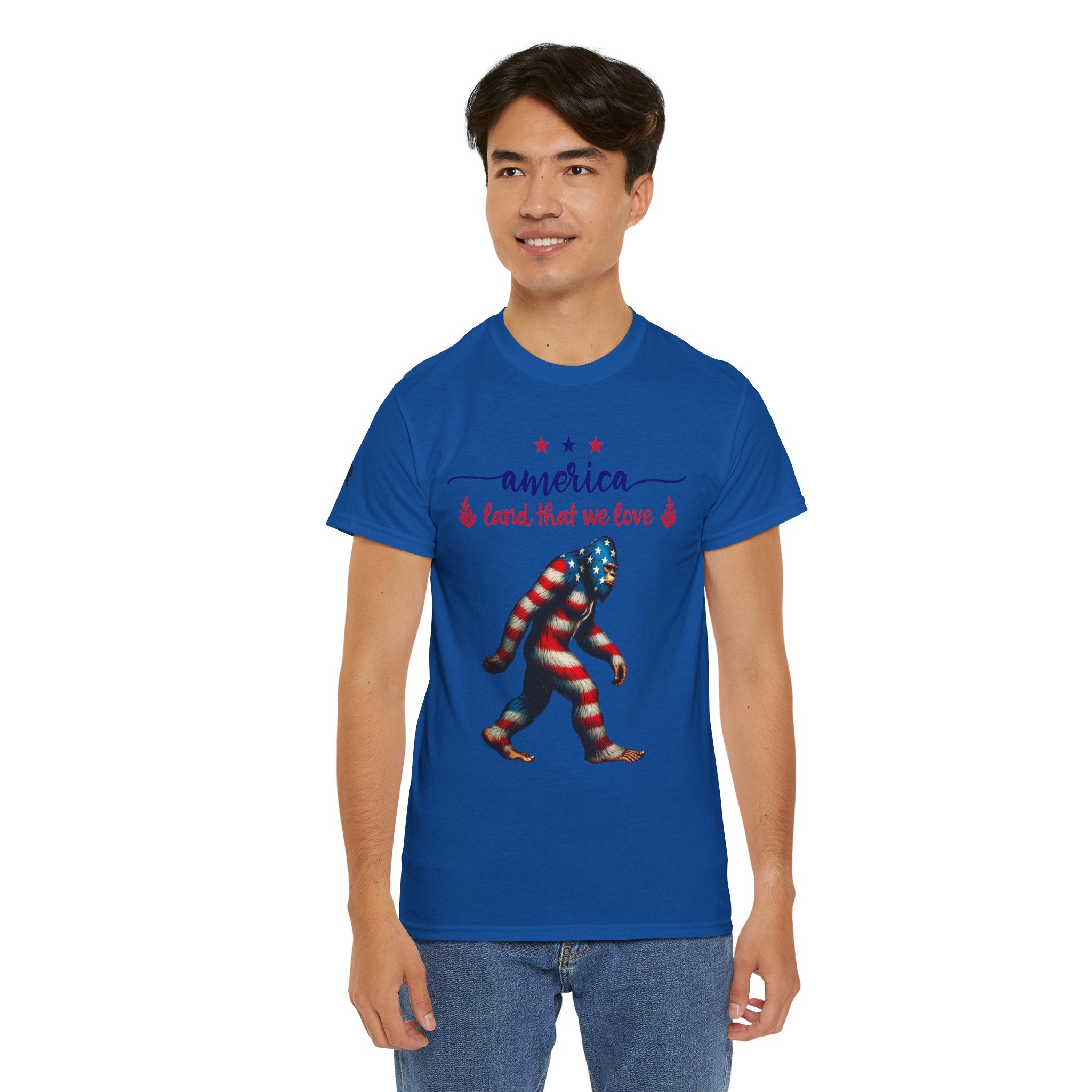 America “Land That We Love” Patriotic T‑Shirt — Flag Sasquatch Graphic Tee