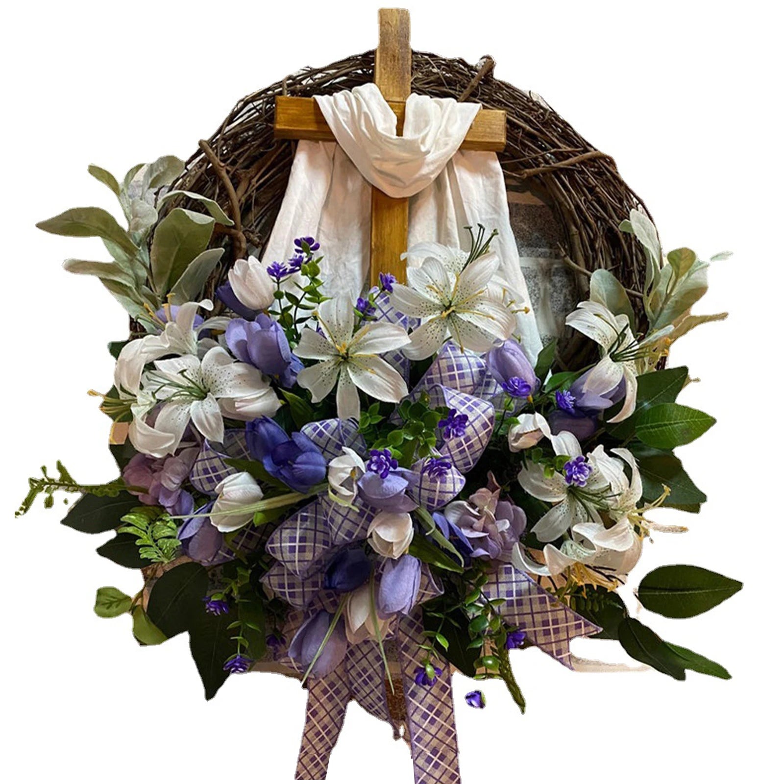 Full Bloom Easter Cross Wreath – Vibrant Spring Door Decor