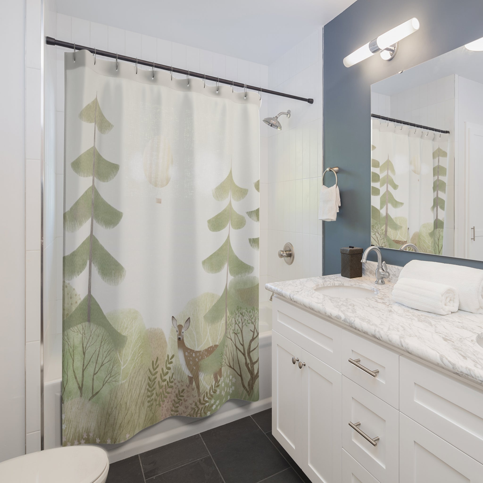 Woodland deer Shower Curtain – Soft Green Forest Bath Decor