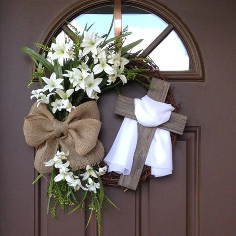 Lily Cross Wreath – Rustic Spring Door Decor
