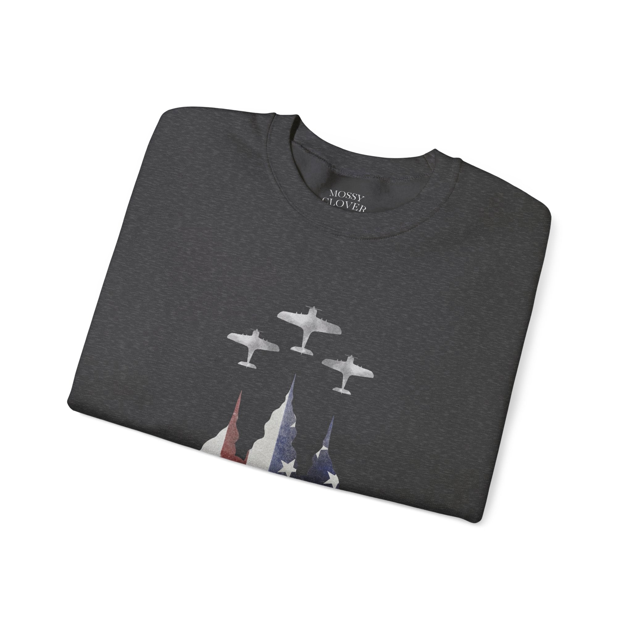 American Flag Castle Crewneck Sweatshirt — Patriotic Stars Sleeve Pullover