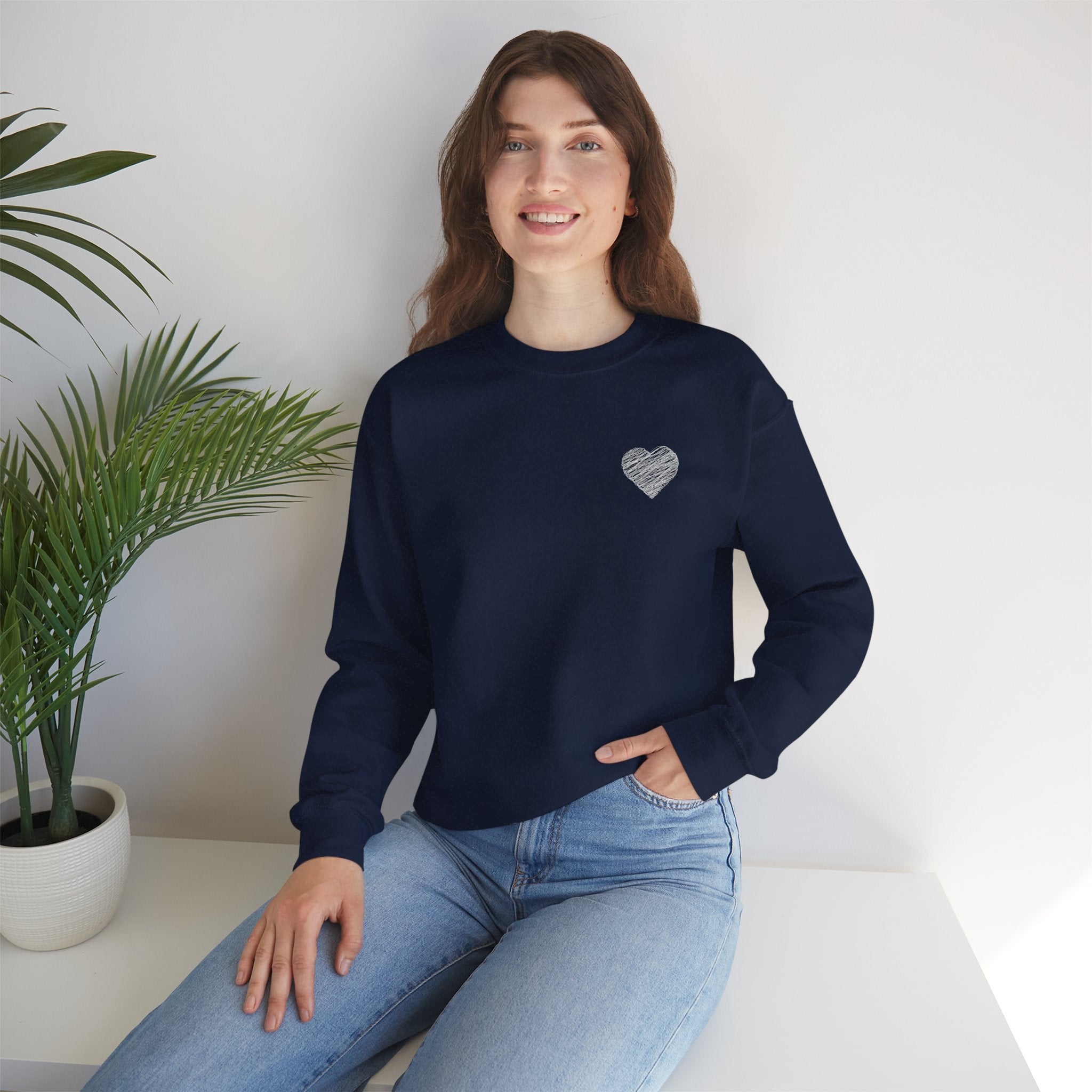 White Crewneck Sweatshirt with Small Gray Heart Chest Design