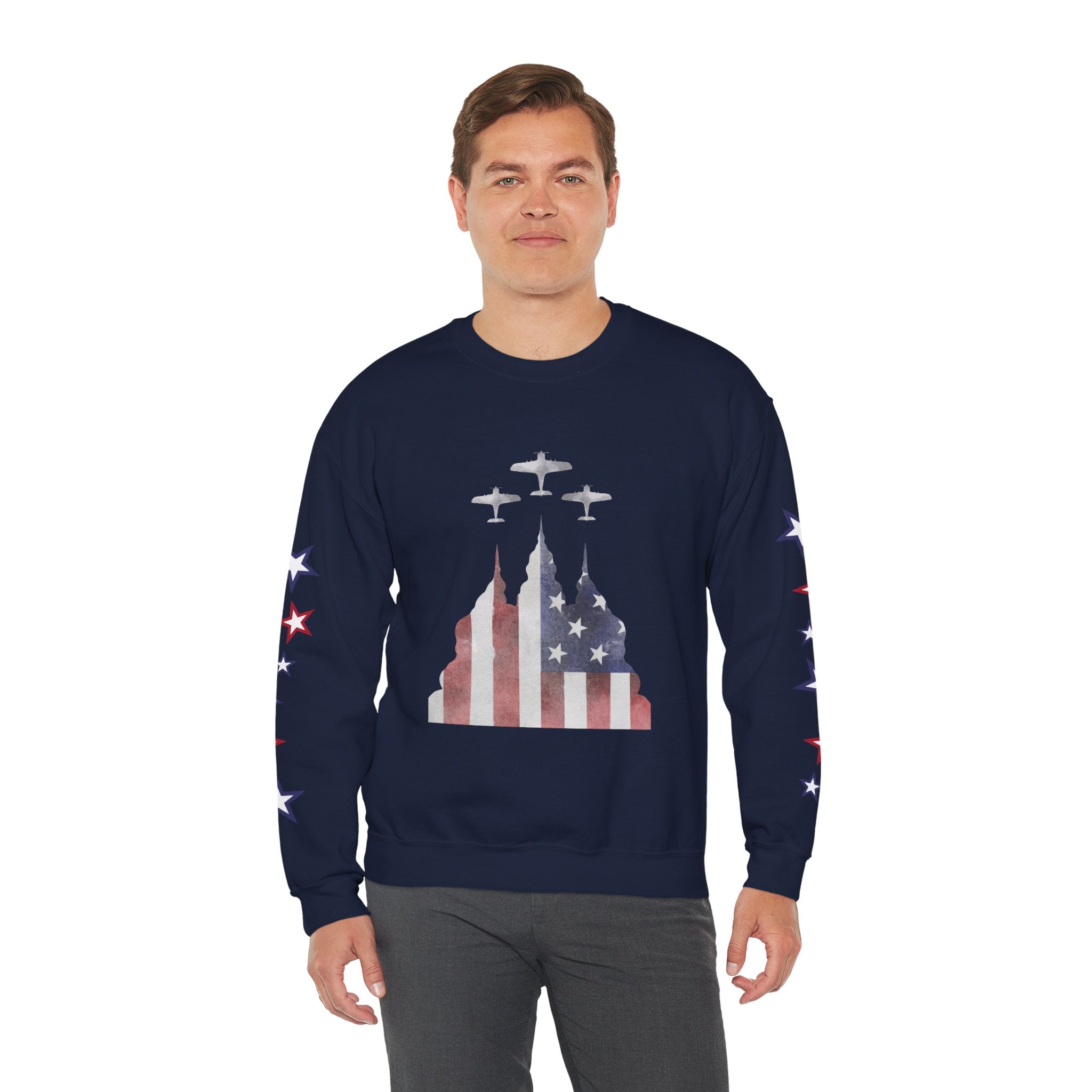 American Flag Castle Crewneck Sweatshirt — Patriotic Stars Sleeve Pullover