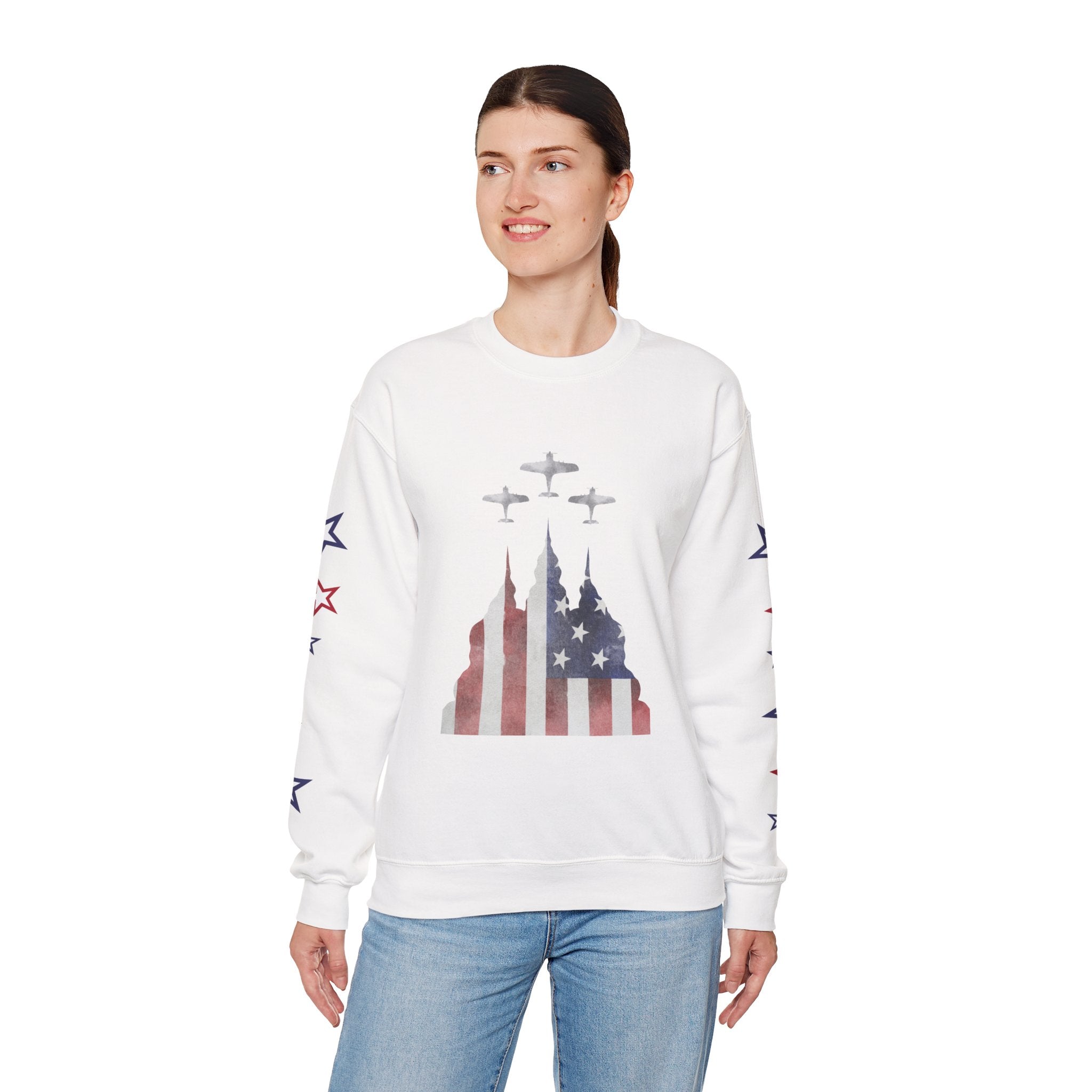 American Flag Castle Crewneck Sweatshirt — Patriotic Stars Sleeve Pullover